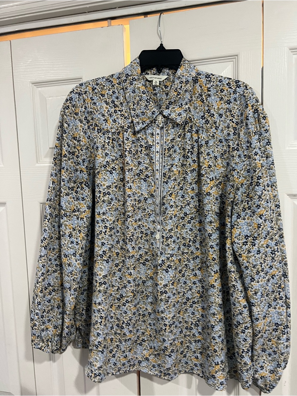 Max Studio Blue and Mustard Floral Button-Front Blouse
